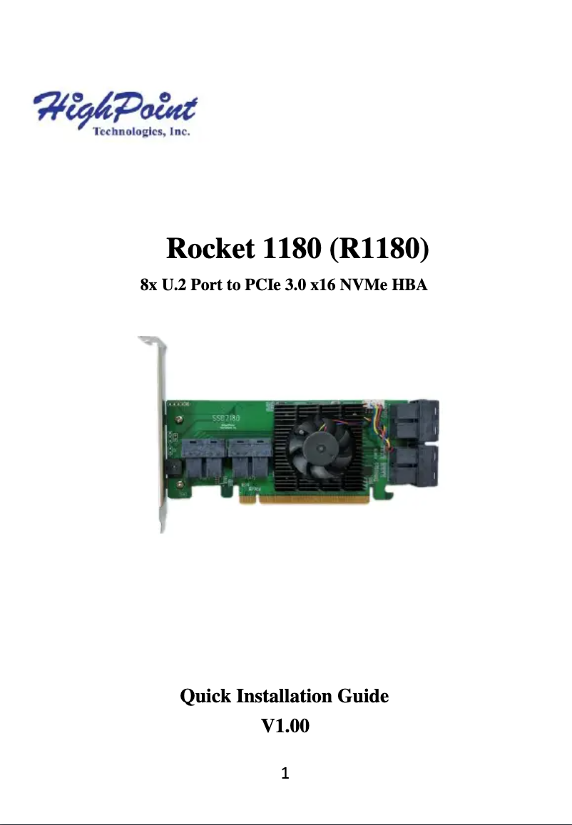 Página 1 del manual Manual de usuario Highpoint Rocket 1180 8-Channel U.2 SSD PCIe Host Bus Adapte