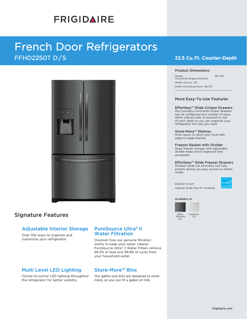 Page 1 de la notice Fiche technique Frigidaire FFHD2250T