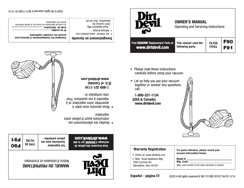 Page 1 de la notice Manuel d'utilisation et d'entretien Dirt Devil Dash SD40050B