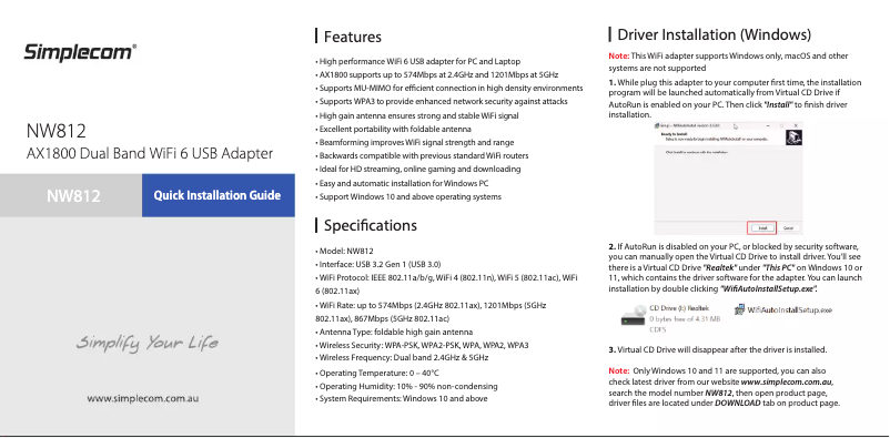 Page 1 de la notice Manuel utilisateur Simplecom NW812