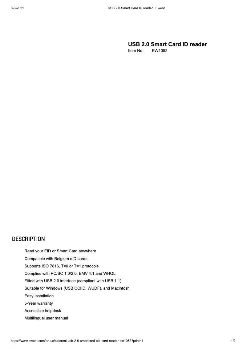 Imagen de la primera página del manual del dispositivo EW1052