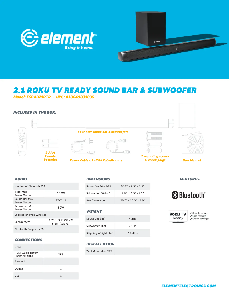 Page 1 de la notice Fiche technique Element ESBAB21RTR