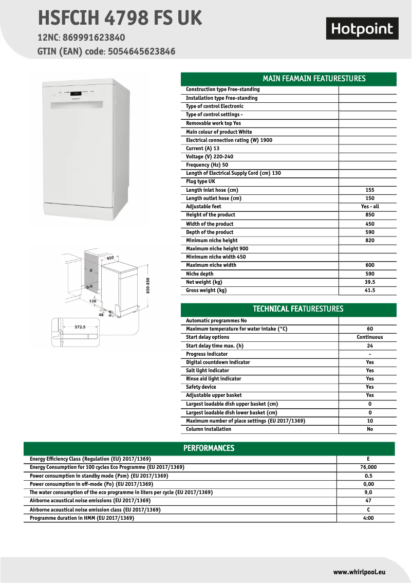 Page 1 de la notice Fiche technique Hotpoint HSFCIH 4798 FS UK