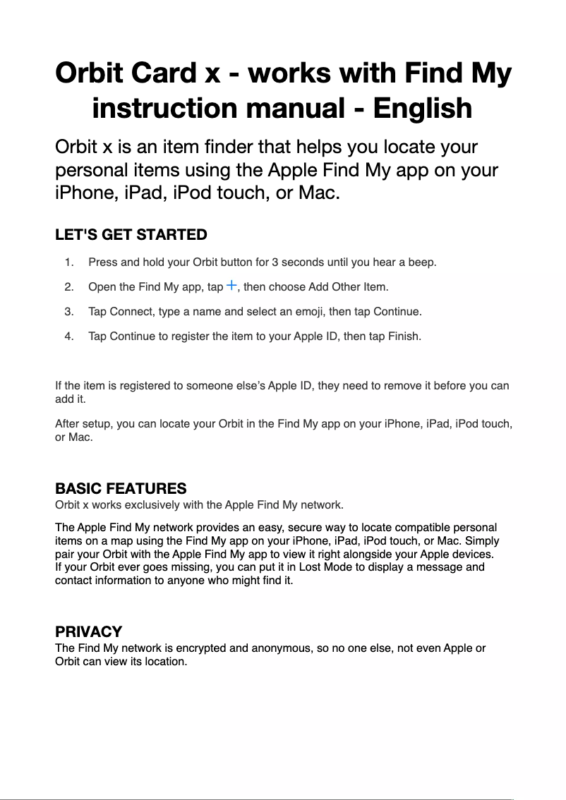 Page 1 of the manual User Manual Orbit Card X
