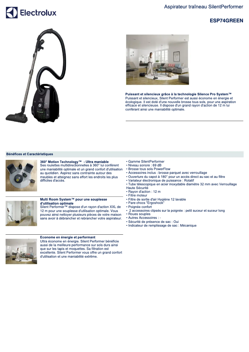 Page 1 de la notice Fiche technique Electrolux SilentPerformer ESP74