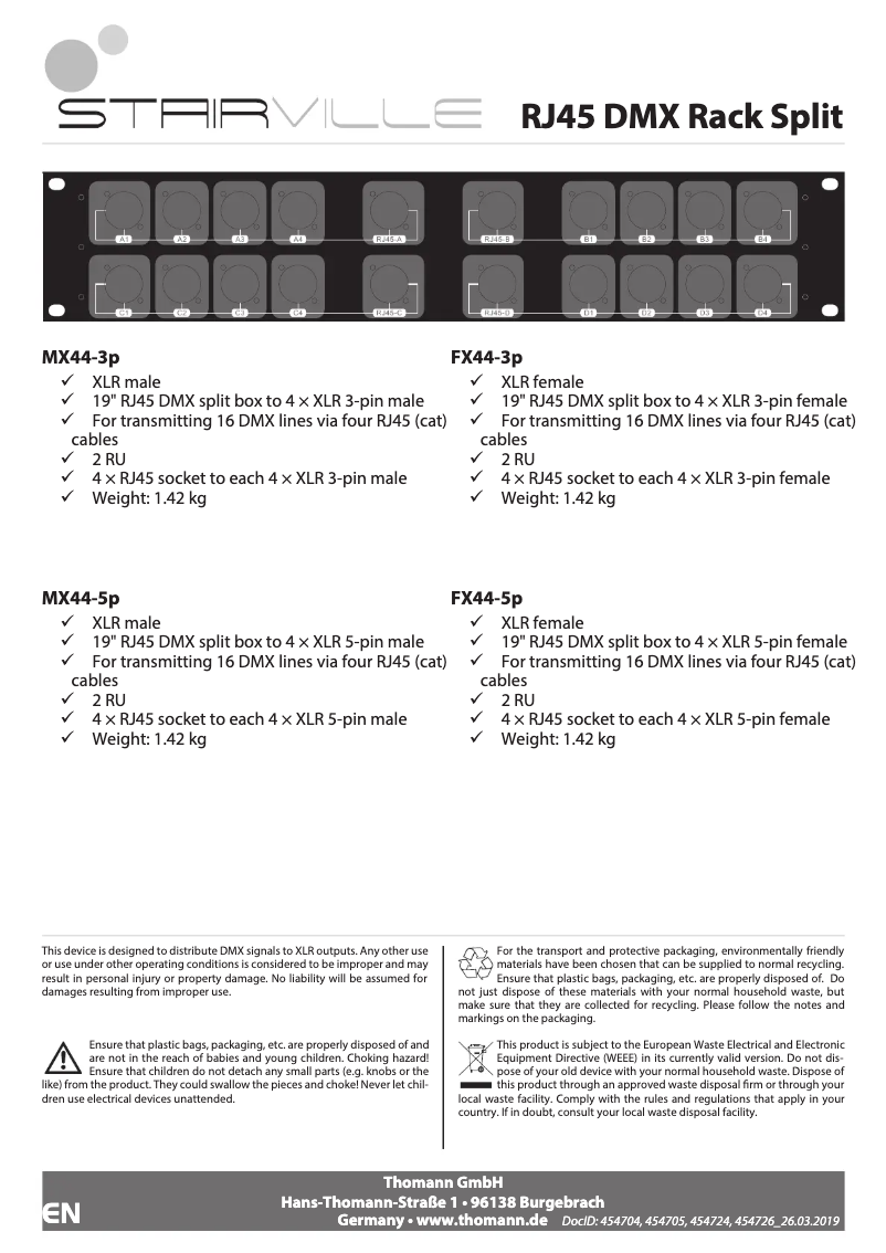 Page n°1 - Manuel utilisateur Stairville RJ45 DMX Rack Split MX44