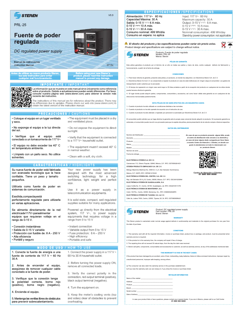 Imagen de la primera página del manual del dispositivo PRL-25