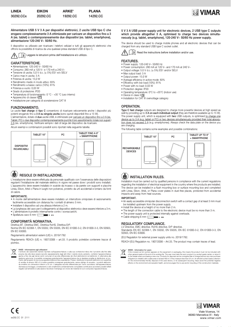 Page 1 de la notice Manuel utilisateur Vimar 30292.CCG