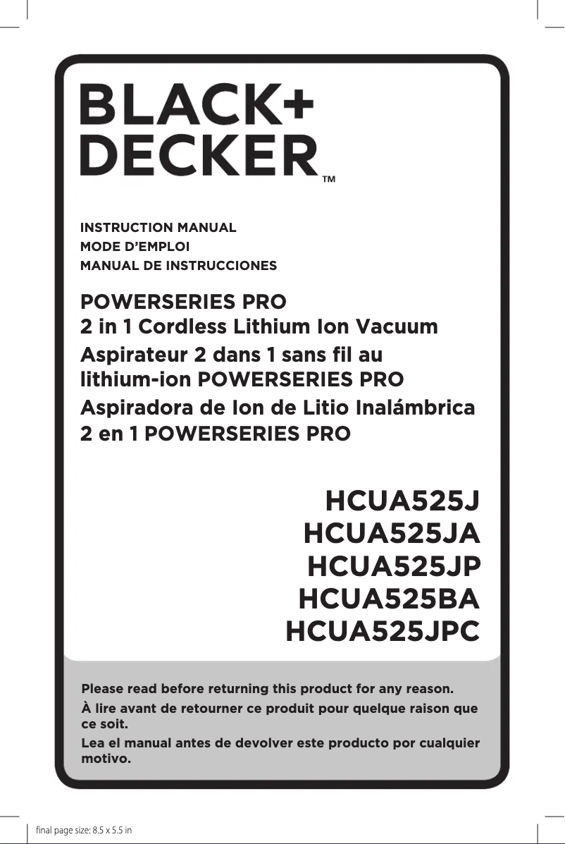Page 1 de la notice Manuel utilisateur Black & Decker HCUA525BA