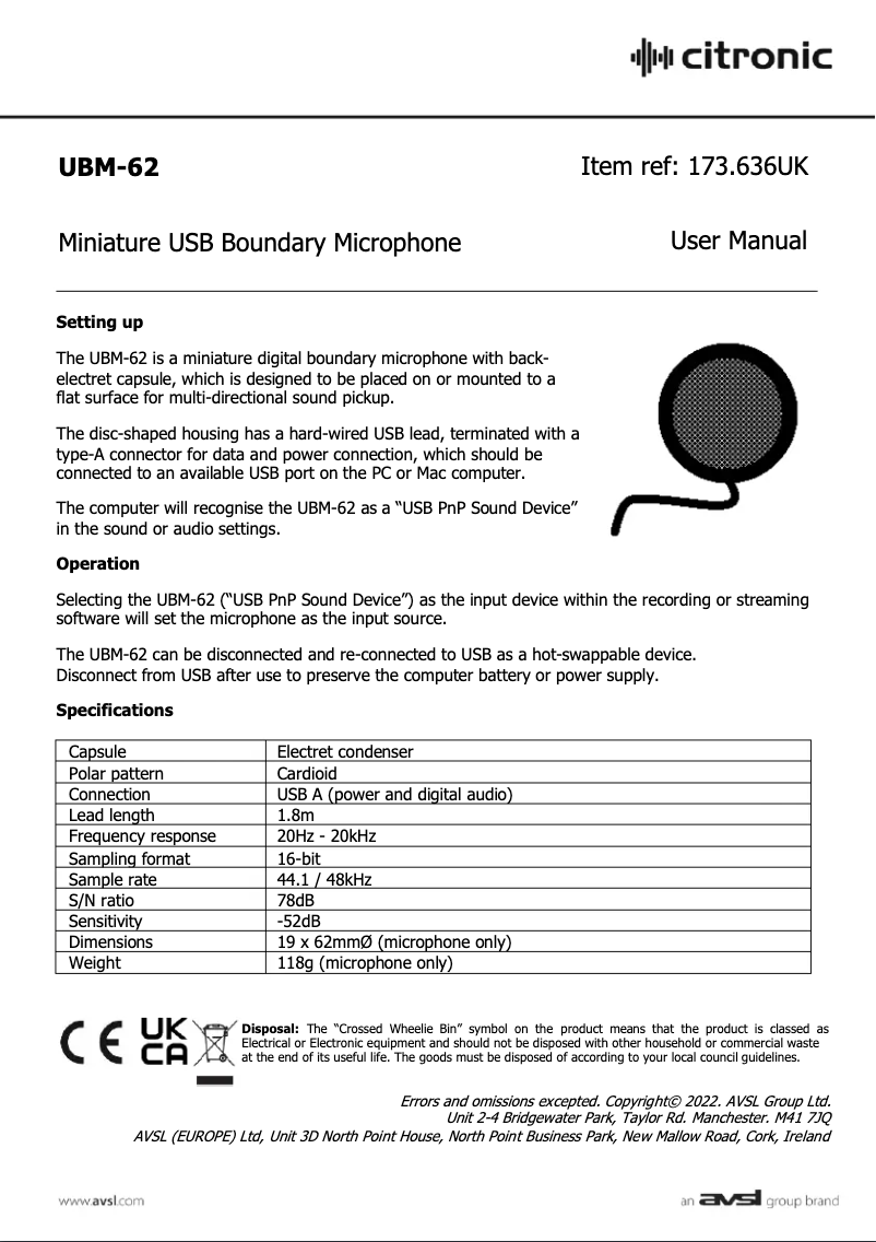 Page 1 de la notice Manuel utilisateur Citronic UBM-62