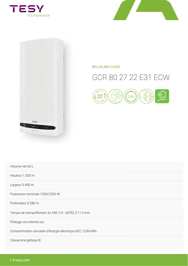 Page 1 de la notice Fiche technique Tesy BelliSlimo Cloud 80