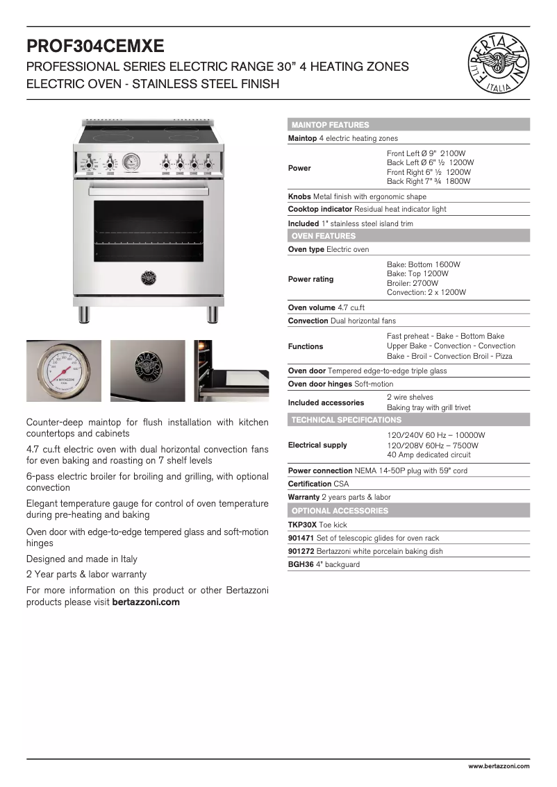 Page 1 de la notice Fiche technique Bertazzoni PROF304CEMXE