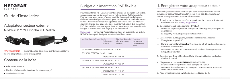 Page 1 de la notice Guide d'installation Netgear EPS130W