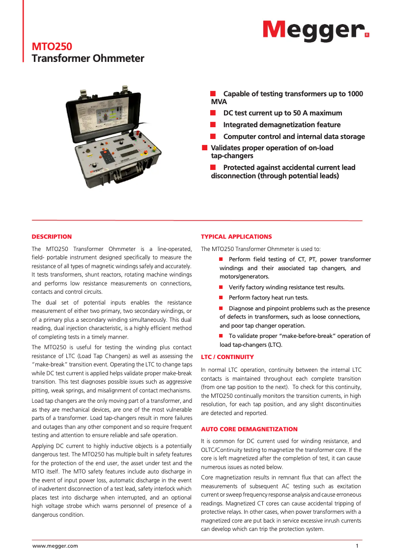 Page 1 de la notice Fiche technique Megger MTO250