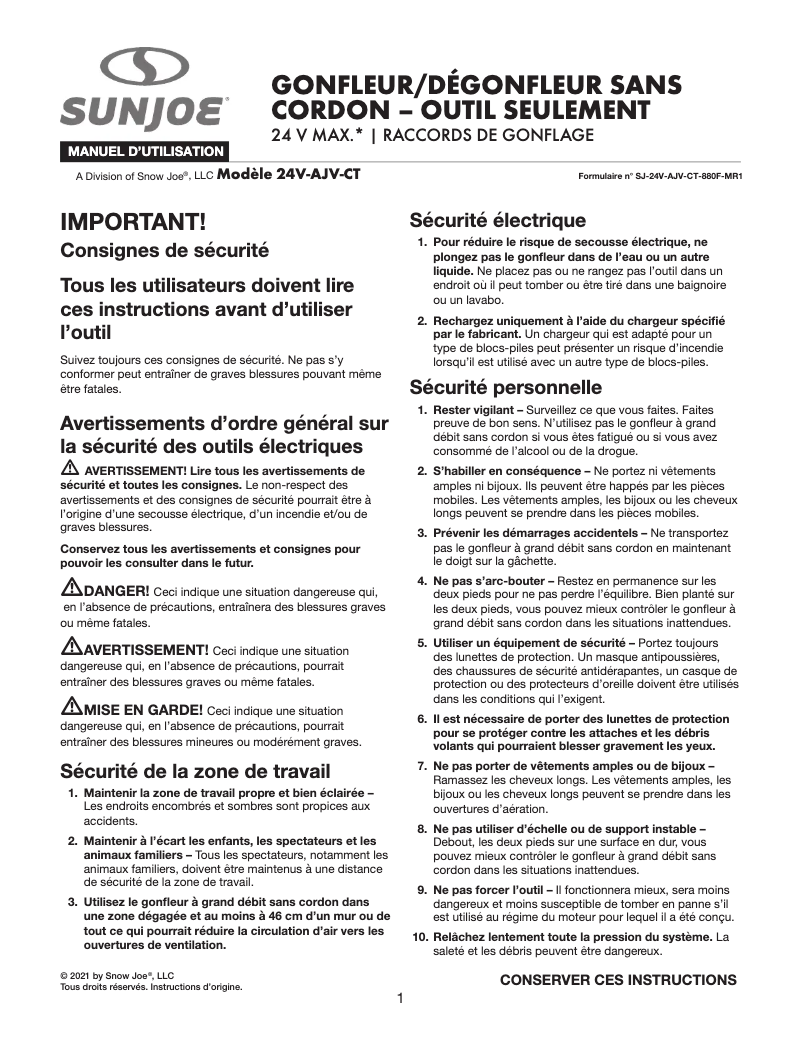 Page 1 de la notice Manuel utilisateur Sun Joe 24V-AJV-CT