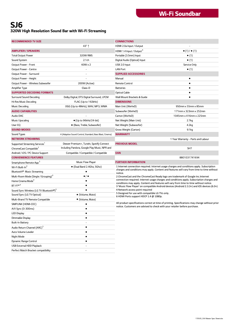Page 1 de la notice Fiche technique LG SJ6
