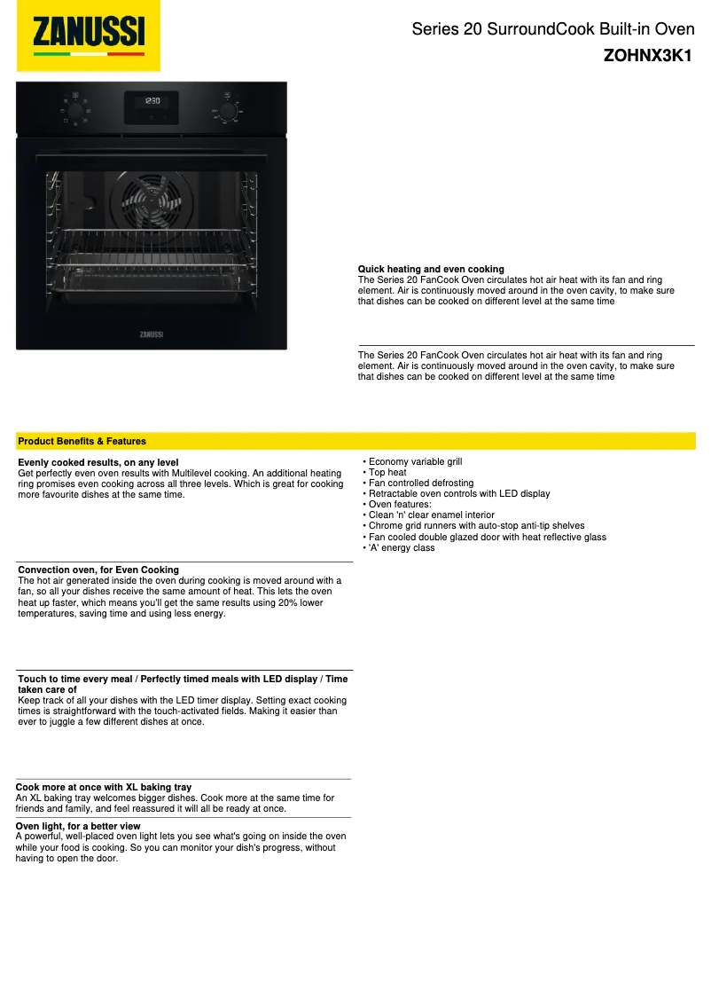 Page 1 de la notice Fiche technique Zanussi ZOHNX3K1