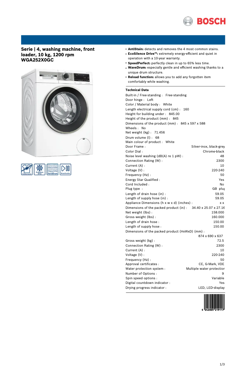 Página 1 del manual Ficha técnica Bosch WGA252X0GC