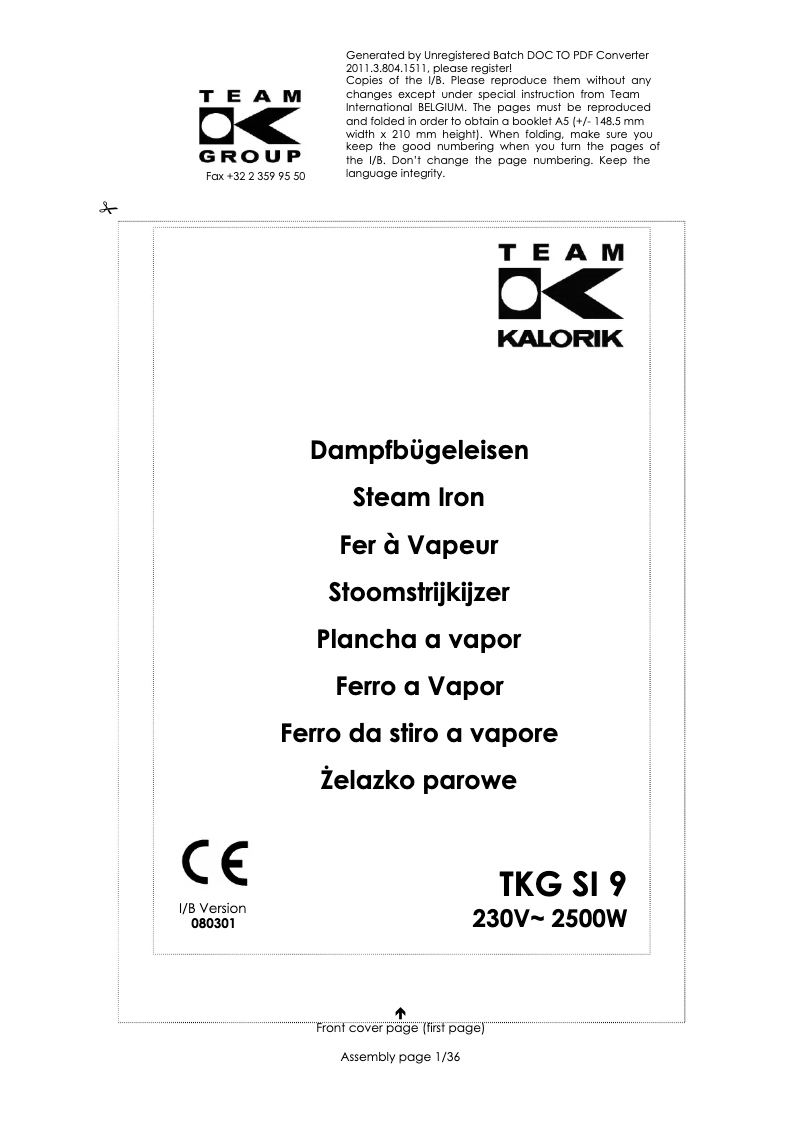 Page n°1 - Manuel utilisateur Kalorik TKG SI 9