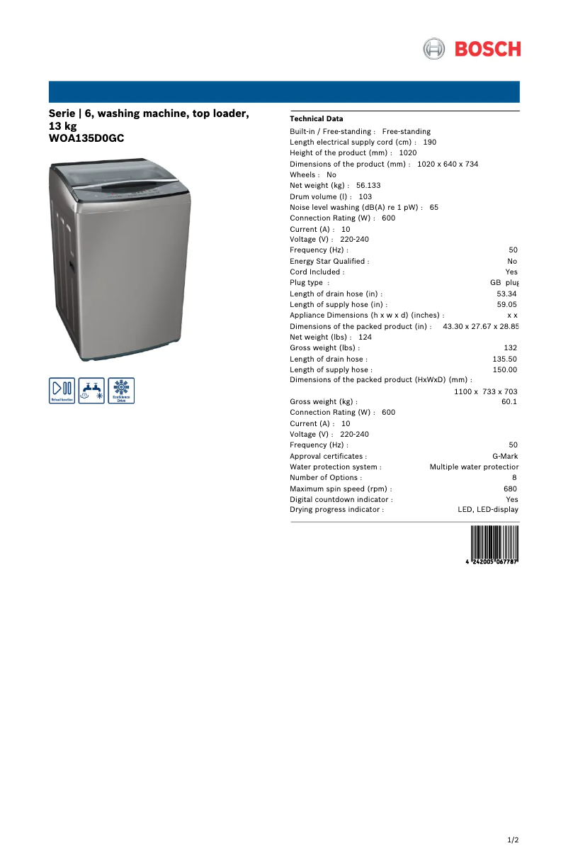 Página 1 del manual Ficha técnica Bosch WOA135D0GC