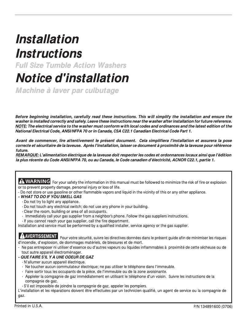 Page n°1 - Guide d'installation Frigidaire FTF530FS