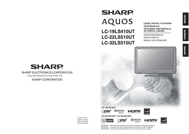Page 1 de la notice Manuel utilisateur Sharp Aquos LC-32LS510UT