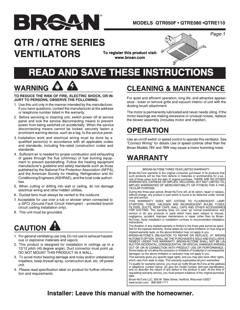 Page 1 de la notice Manuel utilisateur Broan QTRE110