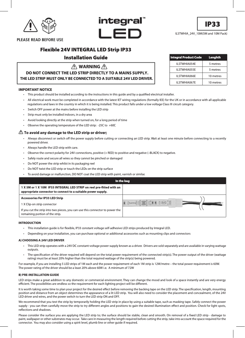 Page 1 de la notice Manuel utilisateur Integral LED ILSTWHIA054E
