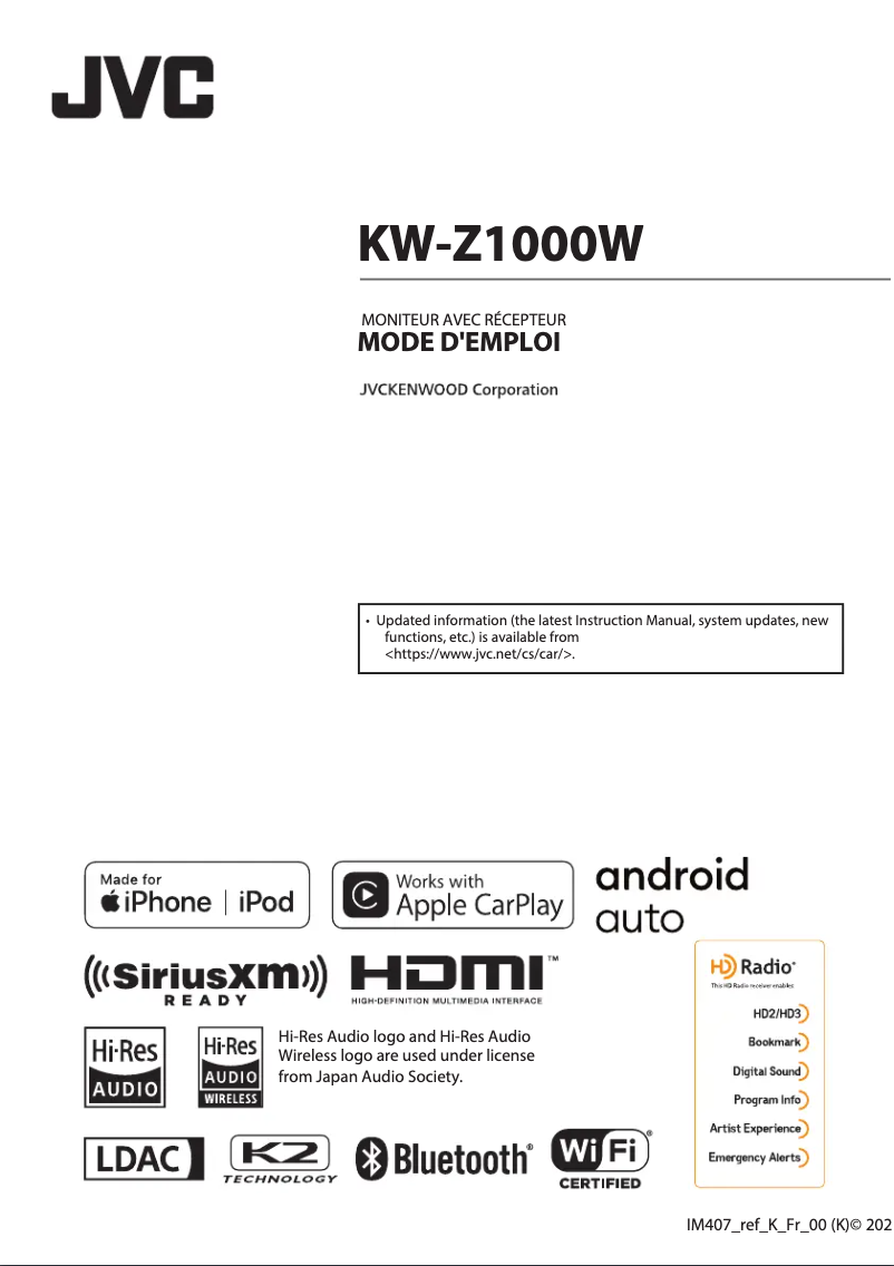 Page 1 de la notice Manuel utilisateur JVC KW-Z1000W