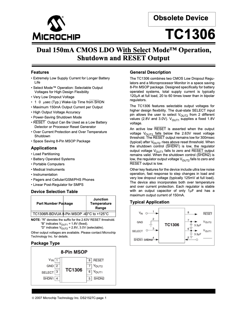 Página 1 del manual Ficha técnica Microchip TC1306