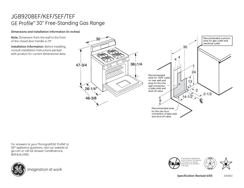Page 1 of the manual Technical Sheet GE Profile JGB920TEFWW