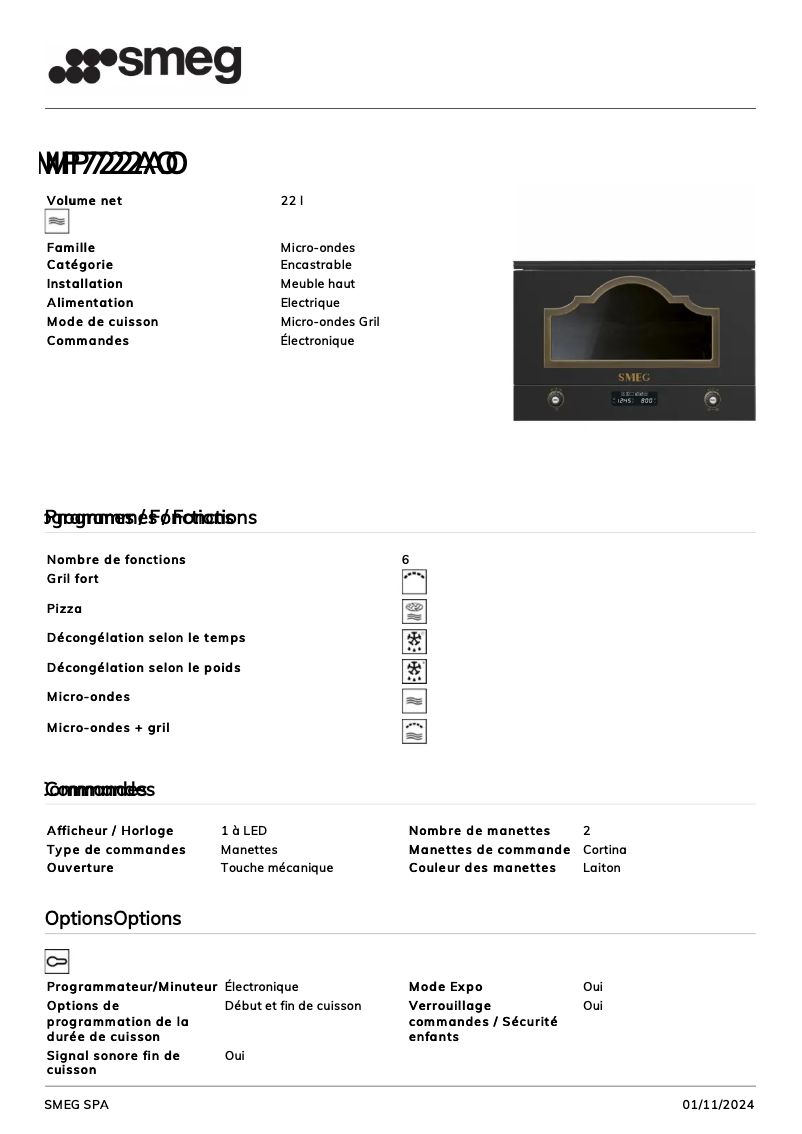 Page n°1 - Fiche technique Smeg MP722AO