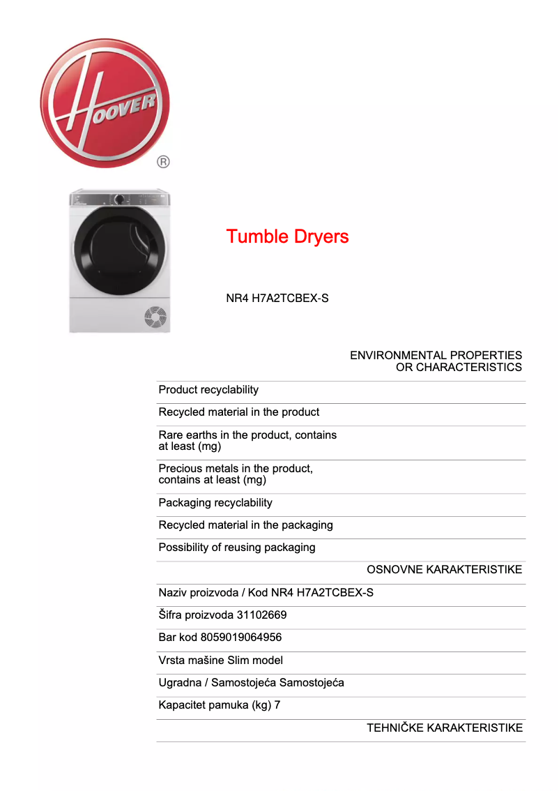 Page n°1 - Fiche technique Hoover NR4 H7A2TCBEX-S