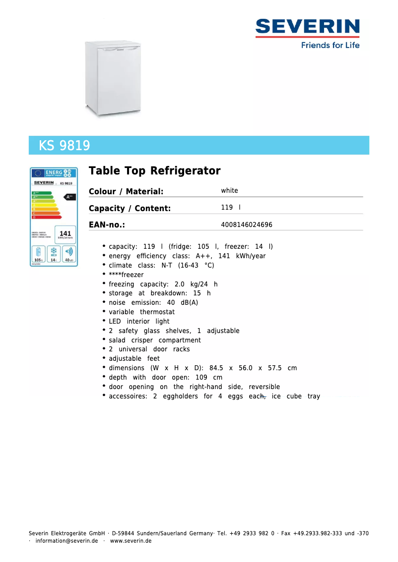 Página 1 del manual Ficha técnica Severin KS 9819