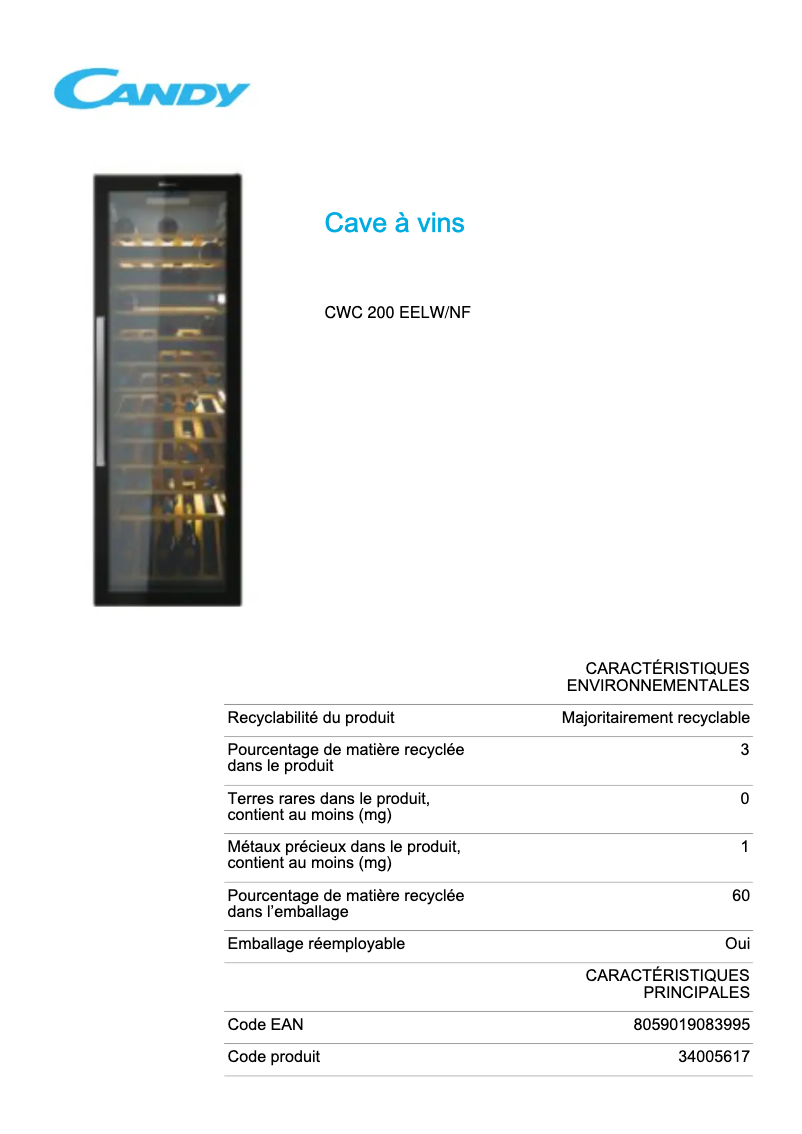 Page 1 de la notice Fiche technique Candy CWC 200 EELW/NF