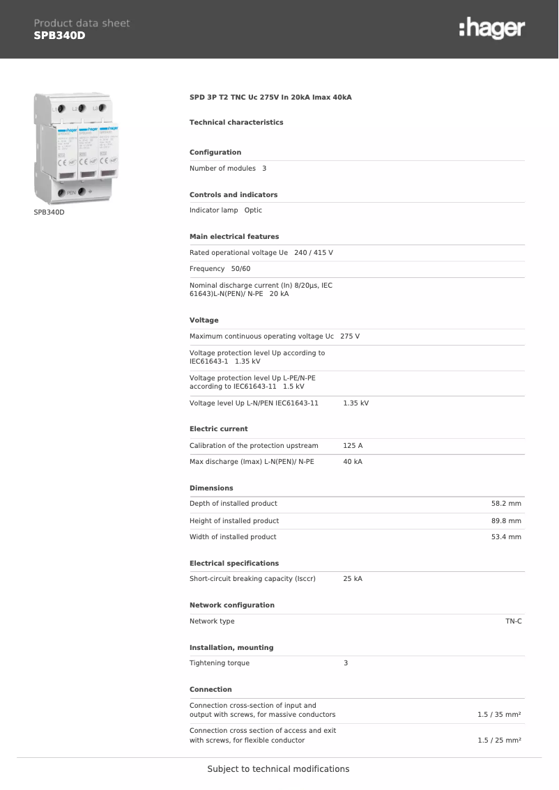 Page 1 de la notice Fiche technique Hager SPB340D