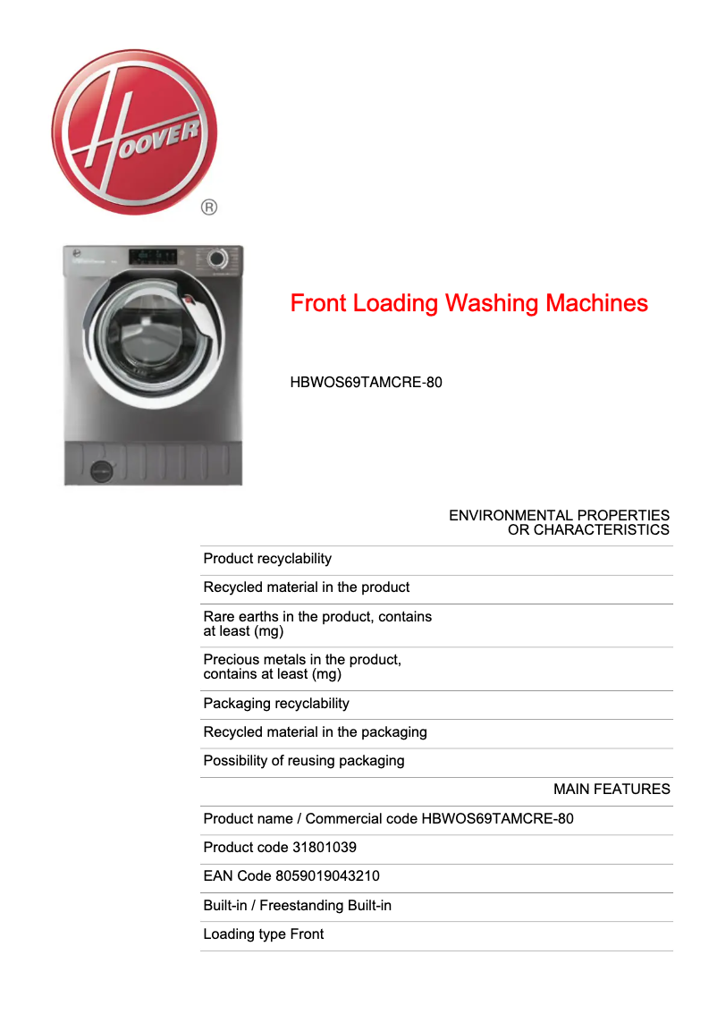 Page n°1 - Fiche technique Hoover HBWOS69TAMCRE-80