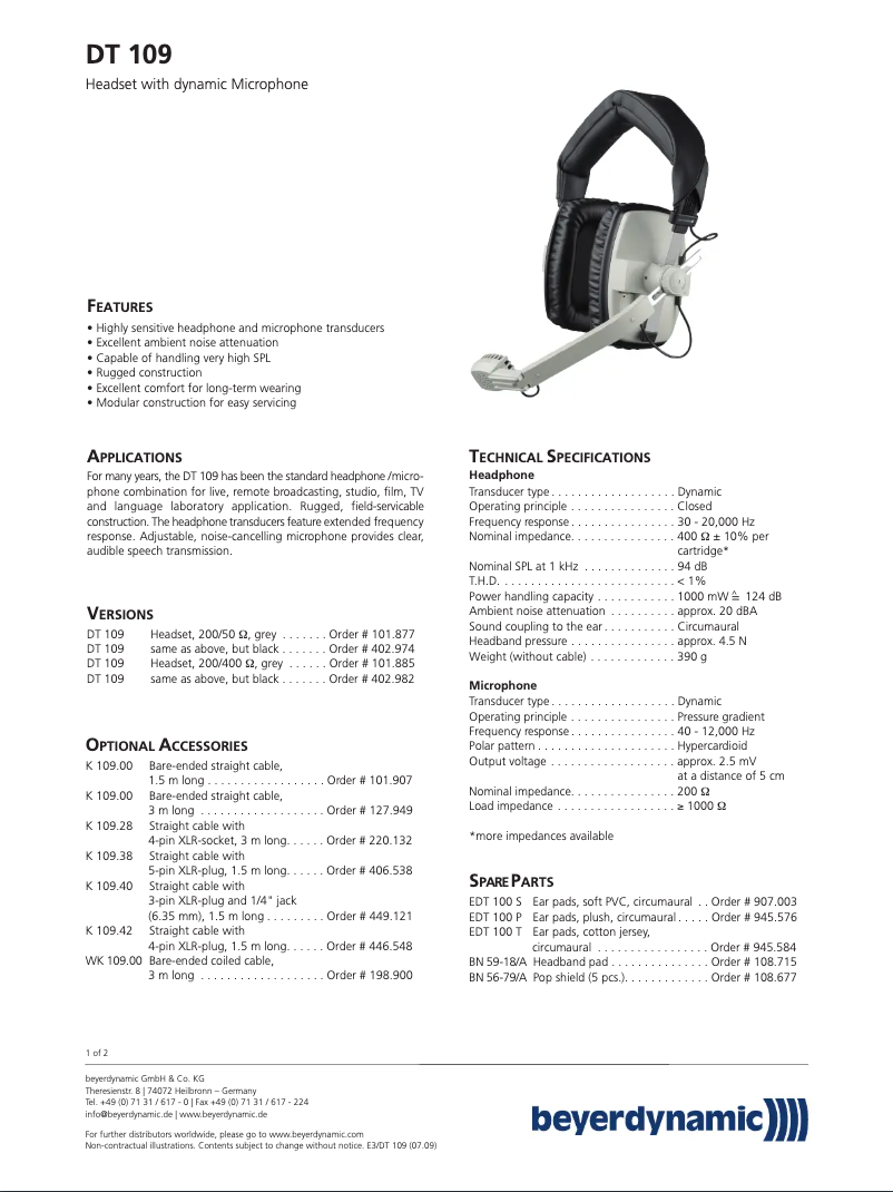 Page n°1 - Fiche technique Beyerdynamic DT 109