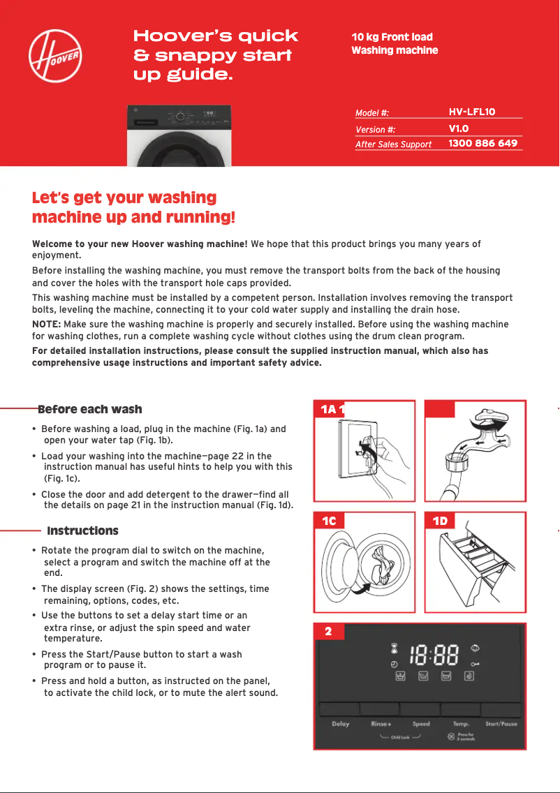 Page n°1 - Guide de démarrage rapide Hoover HV-LFL10