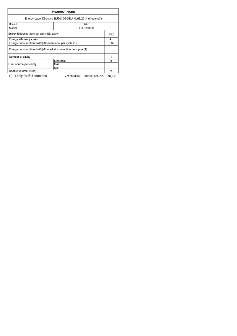 Page 1 de la notice Fiche technique Beko BBIC11000B