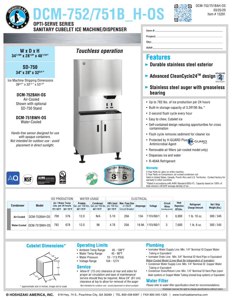 Page 1 de la notice Guide d'installation Hoshizaki DCM-751BAH-OS