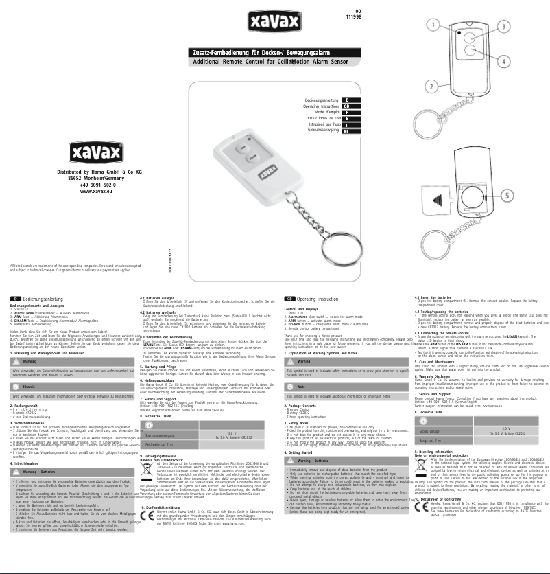 Page 1 de la notice Manuel utilisateur Hama 111998