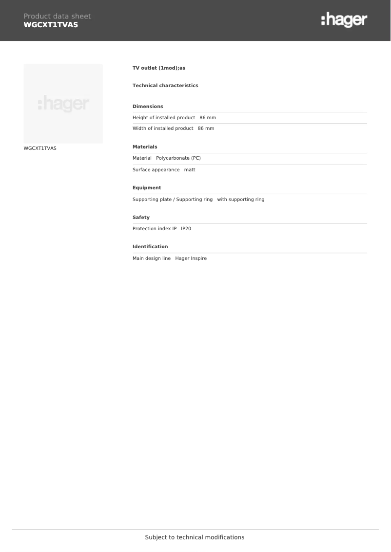 Page n°1 - Fiche technique Hager WGCXT1TVAS