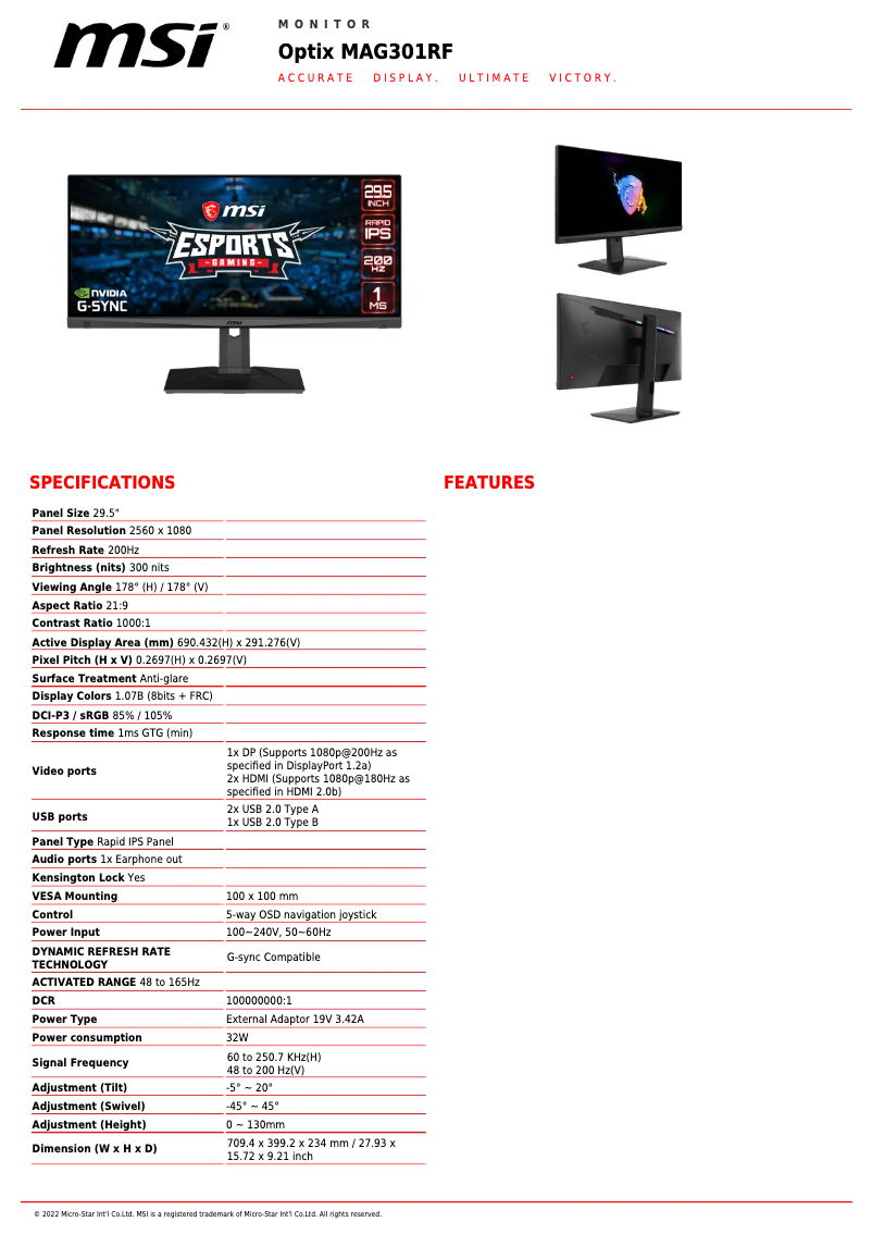 Página 1 del manual Ficha técnica MSI Optix MAG301RF