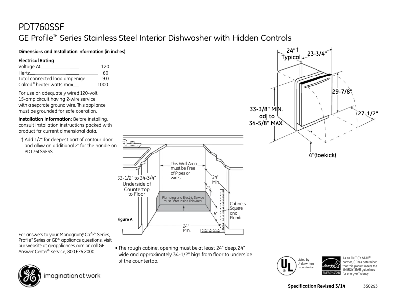 Page 1 of the manual Technical Sheet GE PDT760SSFSS
