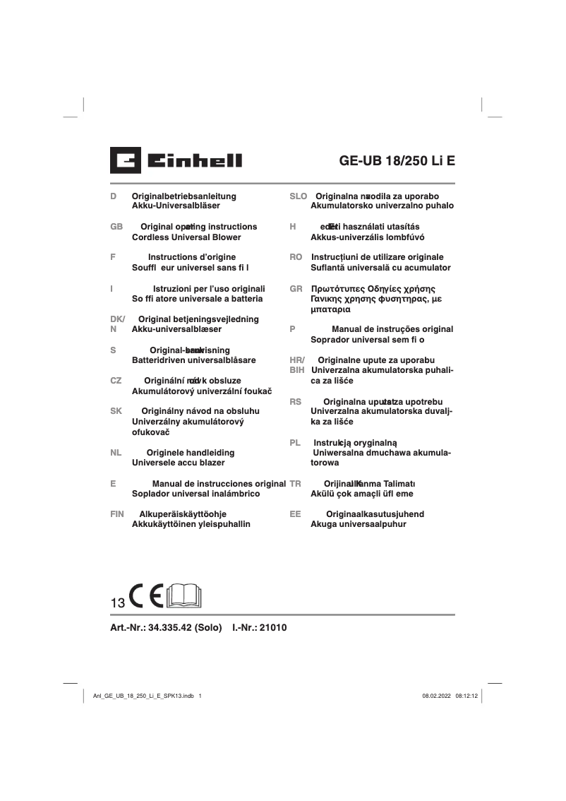 Page 1 de la notice Manuel utilisateur Einhell GE-UB 18/250 Li E