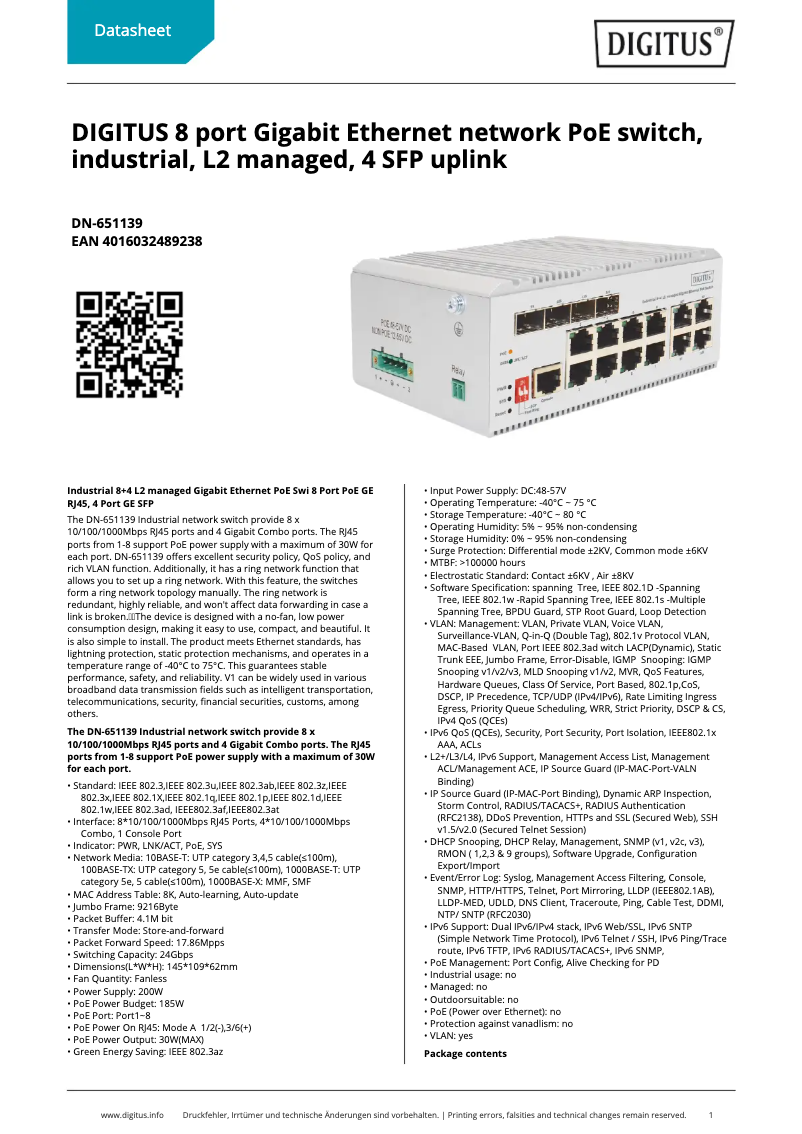 Page 1 of the manual Technical Sheet Digitus DN-651139