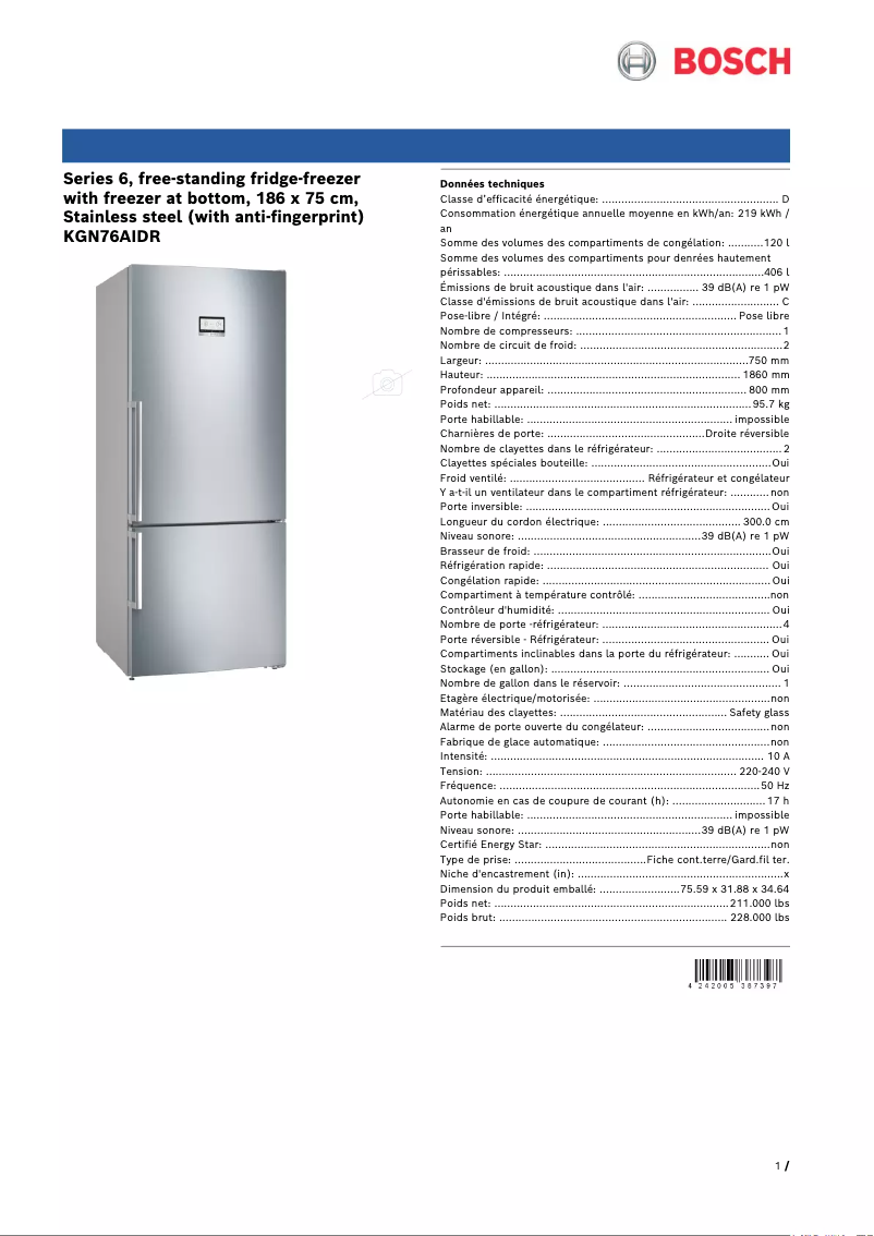 Página 1 del manual Ficha técnica Bosch KGN76AIDR