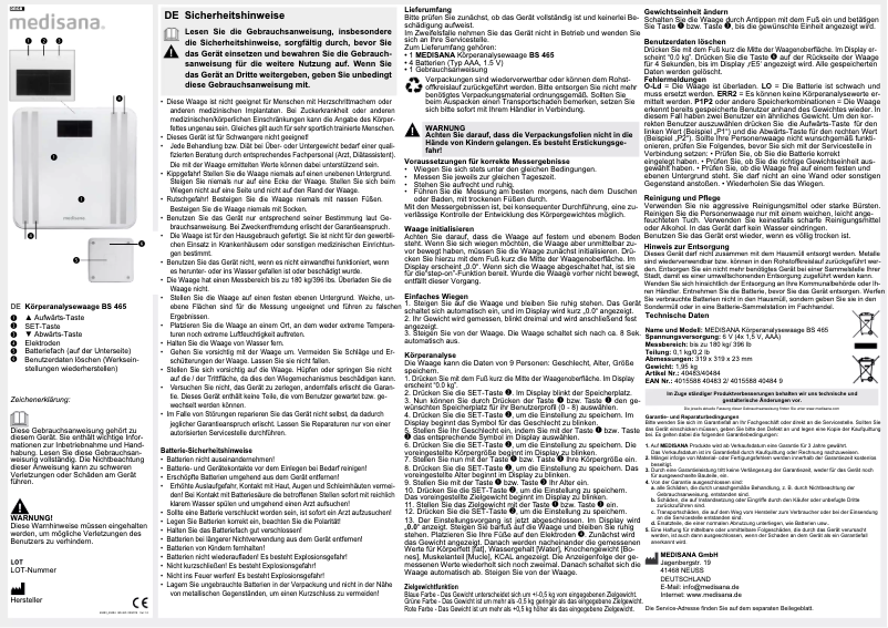 Page n°1 - Manuel utilisateur Medisana BS 465