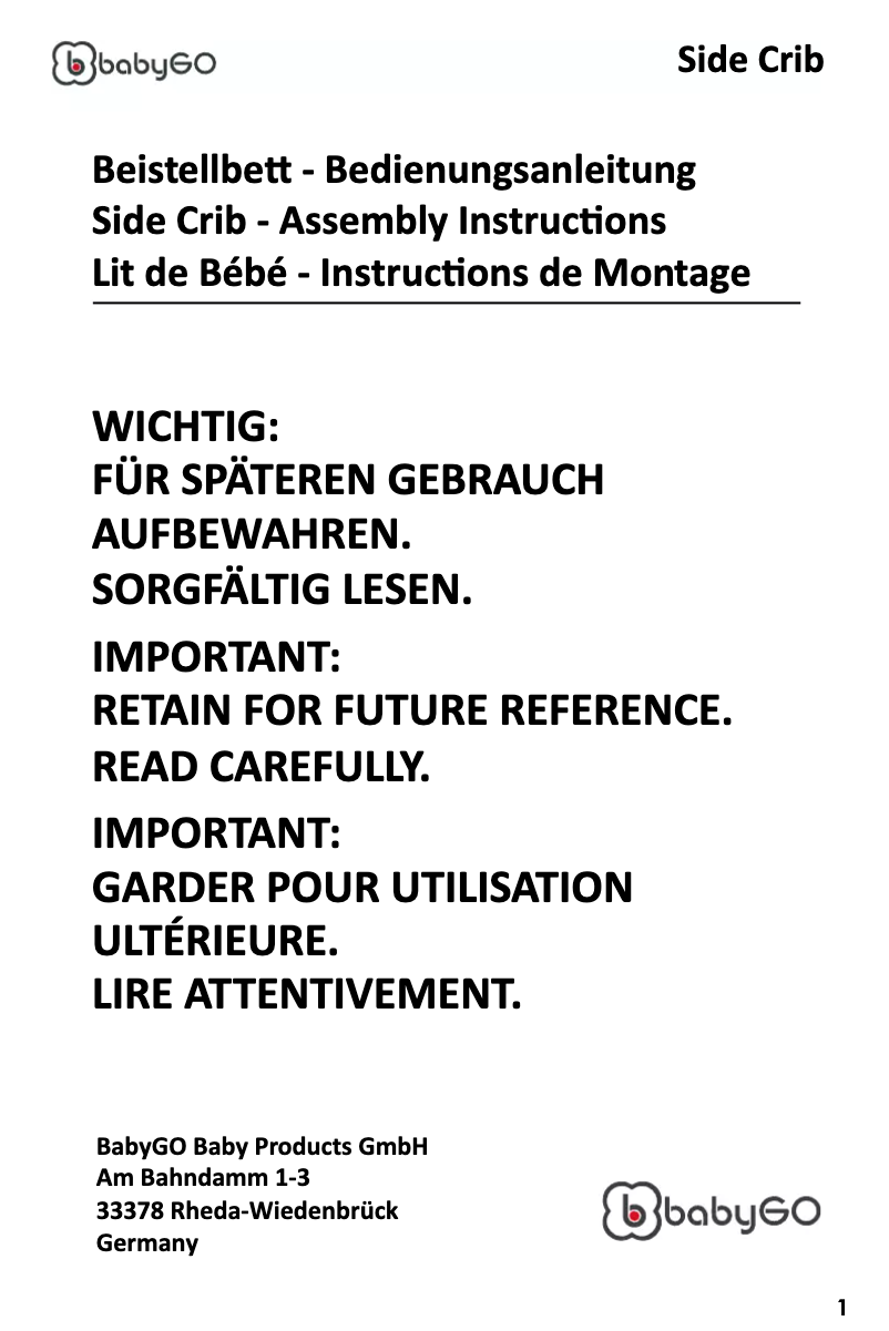 Page n°1 - Manuel utilisateur BabyGO Side Crib